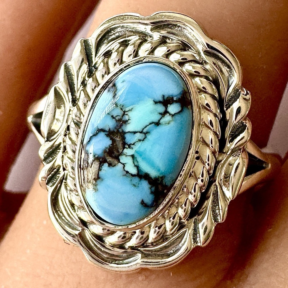 Navajo Blue Golden Hills Turquoise Ring Sz 8 Signed V Chee Sterling Native